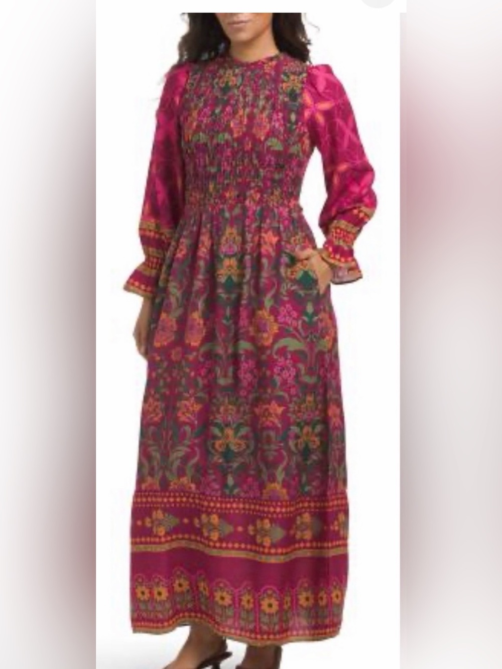 NORDSTROM CELINE MOON BOHO FLORAL SMOCKED MAXI DRESS FUCSIA PINK S NWT
